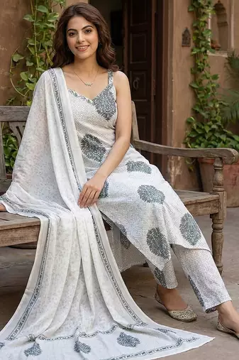 grey and white pure cotton straight strap kurta set