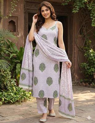purple and white pure cotton straight strap kurta set 1