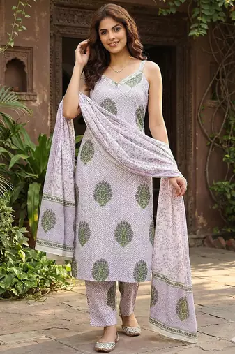 Anouk purple and white pure cotton straight strap kurta set