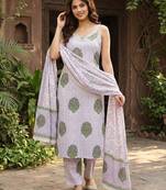 Anouk purple and white pure cotton straight strap kurta set