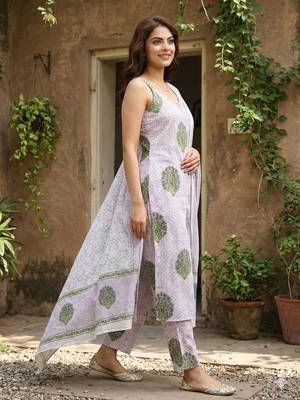 purple and white pure cotton straight strap kurta set 2