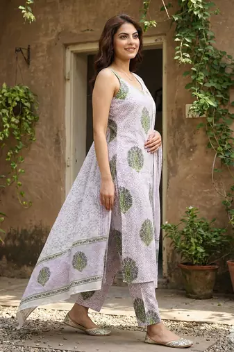 purple and white pure cotton straight strap kurta set