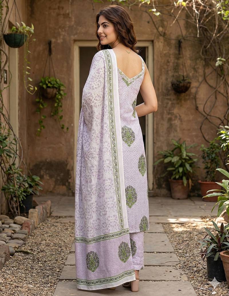 Anouk purple and white pure cotton straight strap kurta set