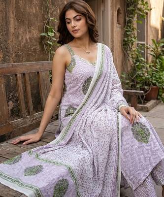 purple and white pure cotton straight strap kurta set 5