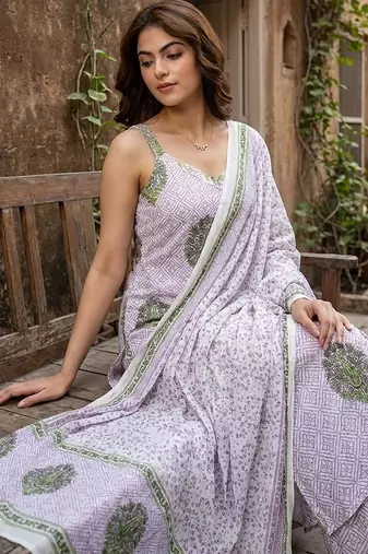 purple and white pure cotton straight strap kurta set