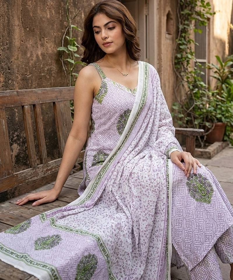 Anouk purple and white pure cotton straight strap kurta set