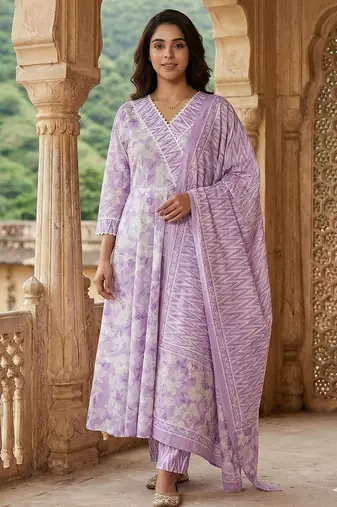 Anouk purple and white pure cotton anarkali angrakha kurta set