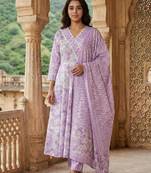 Anouk purple and white pure cotton anarkali angrakha kurta set