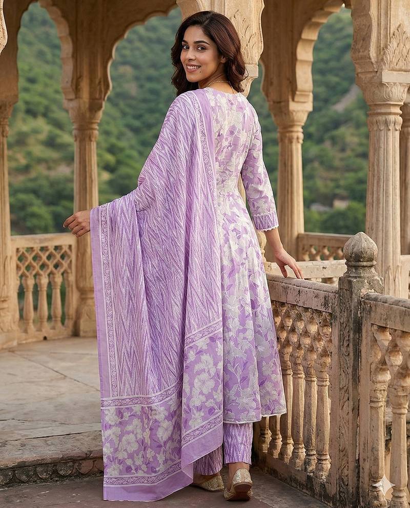 Anouk purple and white pure cotton anarkali angrakha kurta set