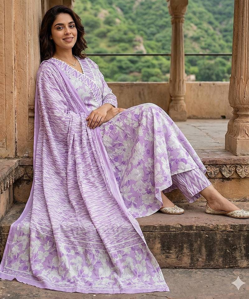Anouk purple and white pure cotton anarkali angrakha kurta set