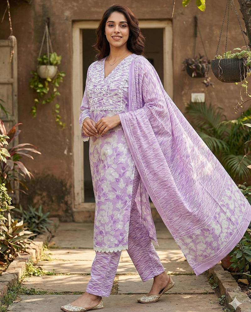 Anouk purple and white pure cotton straight regular kurta set