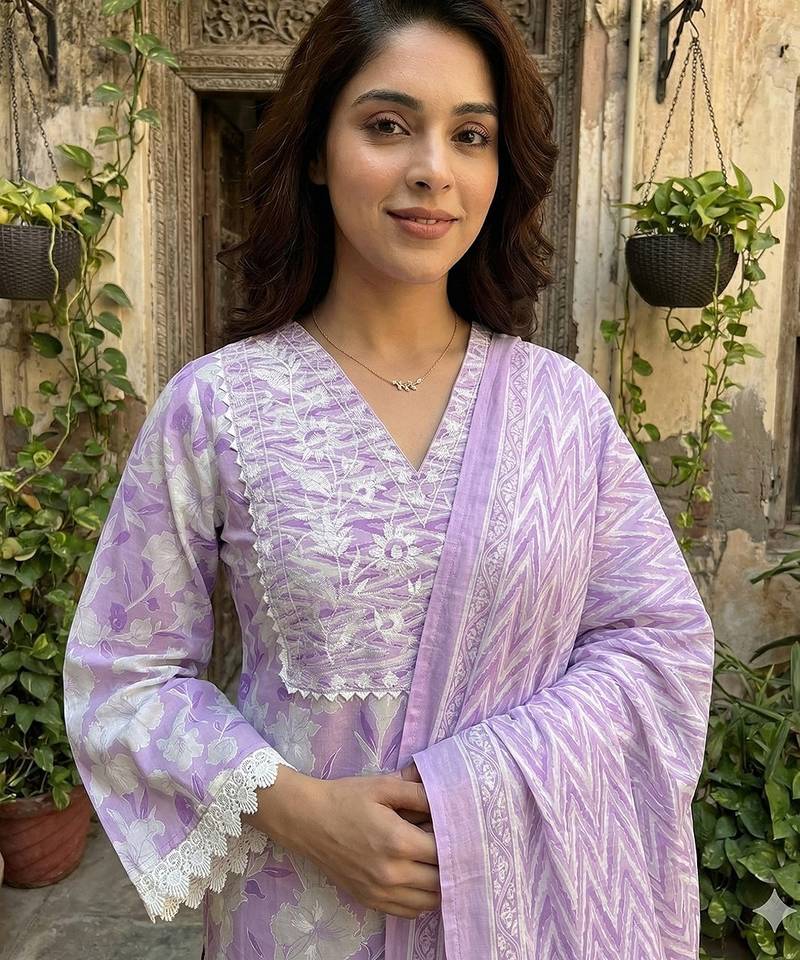 Anouk purple and white pure cotton straight regular kurta set