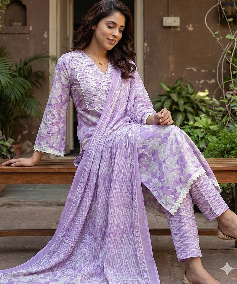 Anouk purple and white pure cotton straight regular kurta set