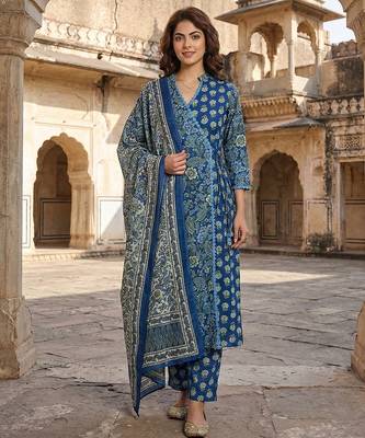 blue and pink printed pure cotton a-line kurta set with dupatta 1