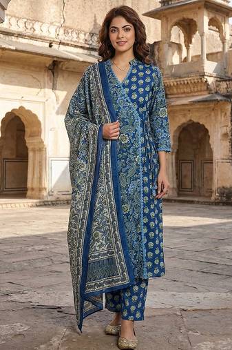 Anouk blue and pink printed pure cotton a-line kurta set with dupatta