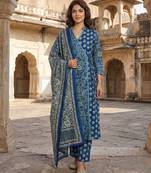 Anouk blue and pink printed pure cotton a-line kurta set with dupatta