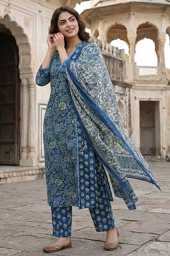 blue and pink printed pure cotton a-line kurta set with dupatta