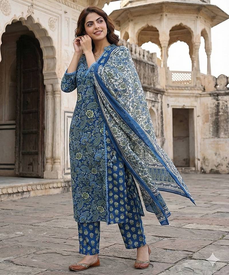 Anouk blue and pink printed pure cotton a-line kurta set with dupatta