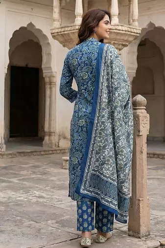 blue and pink printed pure cotton a-line kurta set with dupatta