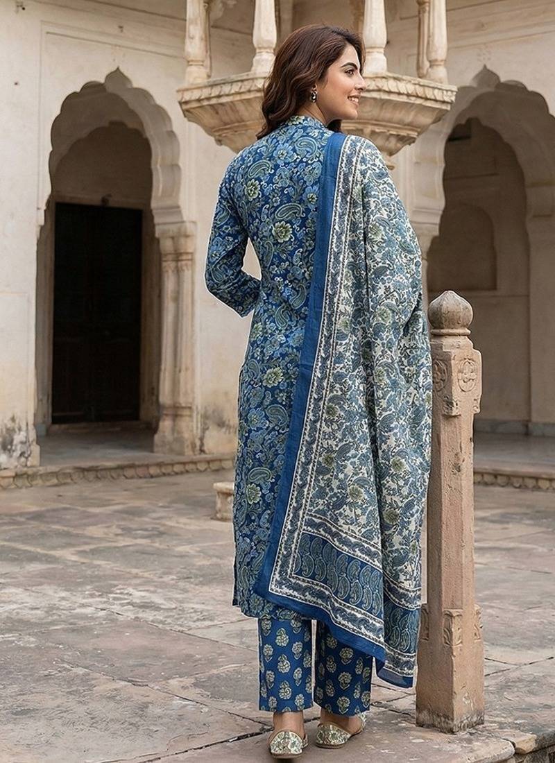 Anouk blue and pink printed pure cotton a-line kurta set with dupatta