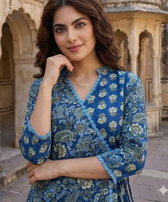 blue and pink printed pure cotton a-line kurta set with dupatta 4