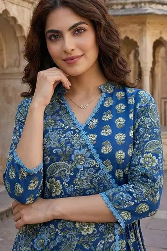 blue and pink printed pure cotton a-line kurta set with dupatta