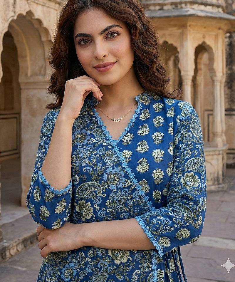 Anouk blue and pink printed pure cotton a-line kurta set with dupatta