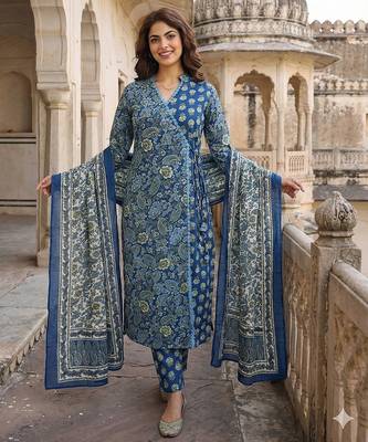 blue and pink printed pure cotton a-line kurta set with dupatta 5