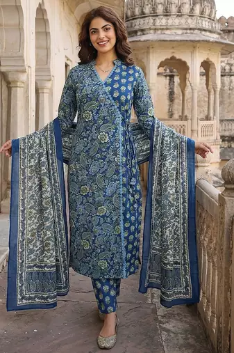 blue and pink printed pure cotton a-line kurta set with dupatta