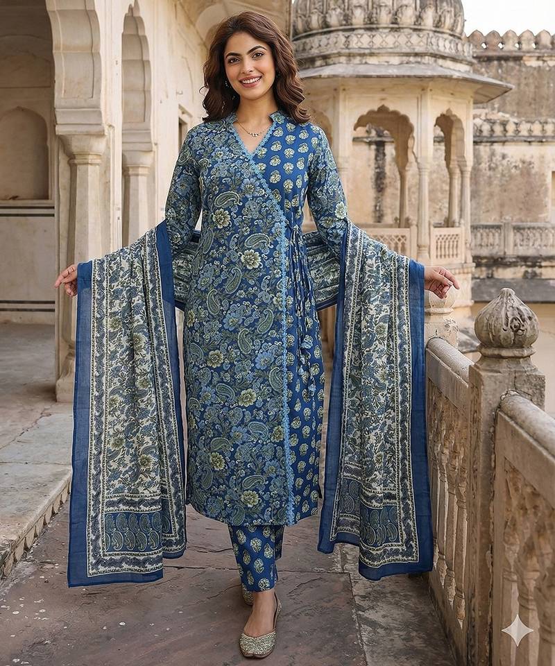 Anouk blue and pink printed pure cotton a-line kurta set with dupatta
