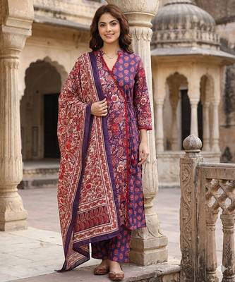 purple and pink printed pure cotton a-line kurta set with dupatta 1