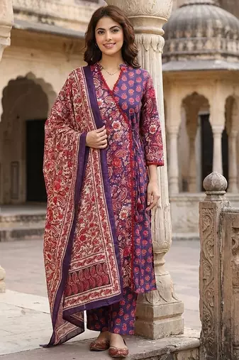 Anouk purple and pink printed pure cotton a-line kurta set with dupatta