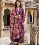 Anouk purple and pink printed pure cotton a-line kurta set with dupatta