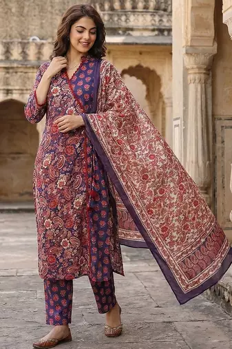 purple and pink printed pure cotton a-line kurta set with dupatta