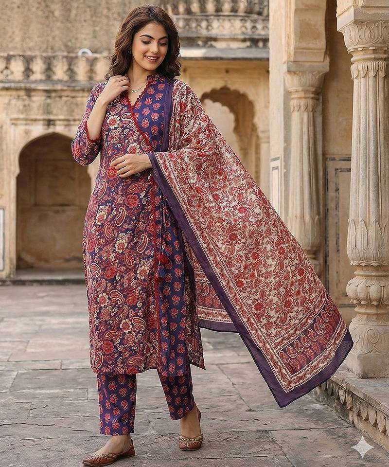 Anouk purple and pink printed pure cotton a-line kurta set with dupatta