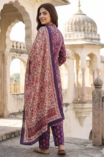 purple and pink printed pure cotton a-line kurta set with dupatta