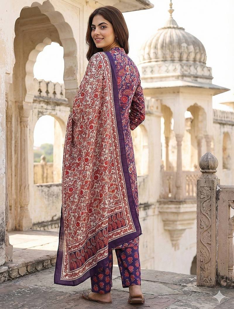 Anouk purple and pink printed pure cotton a-line kurta set with dupatta