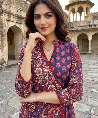 purple and pink printed pure cotton a-line kurta set with dupatta 4