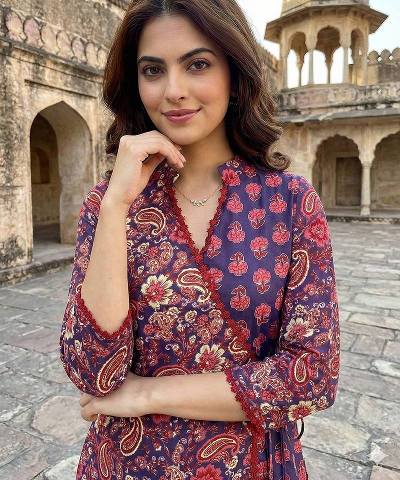 Anouk purple and pink printed pure cotton a-line kurta set with dupatta