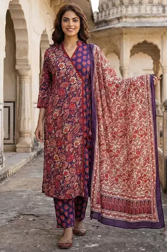 purple and pink printed pure cotton a-line kurta set with dupatta
