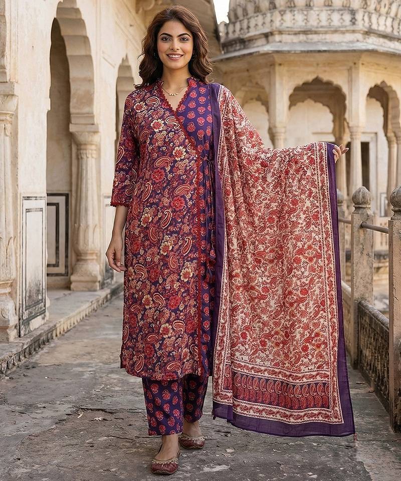 Anouk purple and pink printed pure cotton a-line kurta set with dupatta