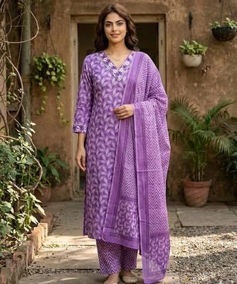 lavender printed pure cotton straight kurta set with dupatta 1