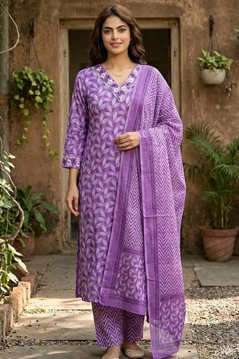 Anouk lavender printed pure cotton straight kurta set with dupatta