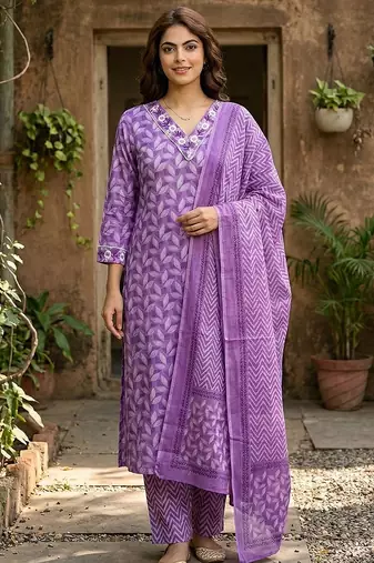 Anouk lavender printed pure cotton straight kurta set with dupatta