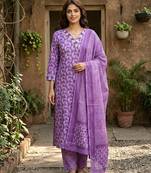 Anouk lavender printed pure cotton straight kurta set with dupatta