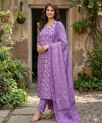 lavender printed pure cotton straight kurta set with dupatta 2