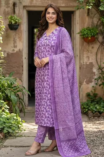 lavender printed pure cotton straight kurta set with dupatta