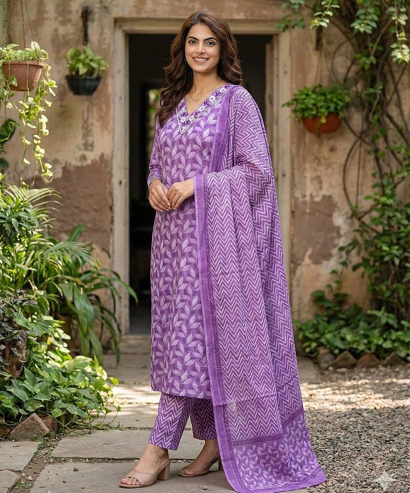 Anouk lavender printed pure cotton straight kurta set with dupatta