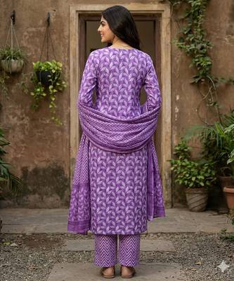 lavender printed pure cotton straight kurta set with dupatta 3