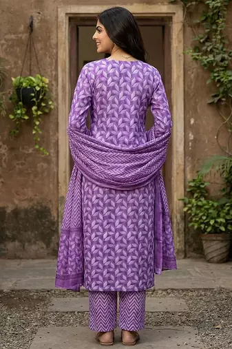 lavender printed pure cotton straight kurta set with dupatta